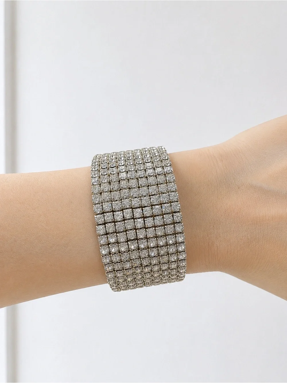 Wide Silver Tone Multi-Row Crystal Rhinestone Statement Bracelet